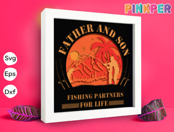 Father and Son Fishing Light Box: 3D SVG Shadow Boxes